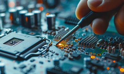 technician with tester repair or check computer motherboard or digital chip, man with screwdriver or soldering iron service electronic hardware - obrazy, fototapety, plakaty