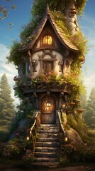 Fototapeta premium A whimsical illustration of a small house built into a tree, surrounded by nature. The house has a winding staircase leading up to it, and the roof is covered in ivy.