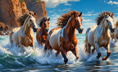 A herd of horses runs through the water