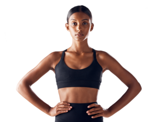 Fitness, sports and confidence with portrait of Indian woman for training, workout and wellness. Exercise, diet and gym clothing with active fashion and health isolated on transparent, png background