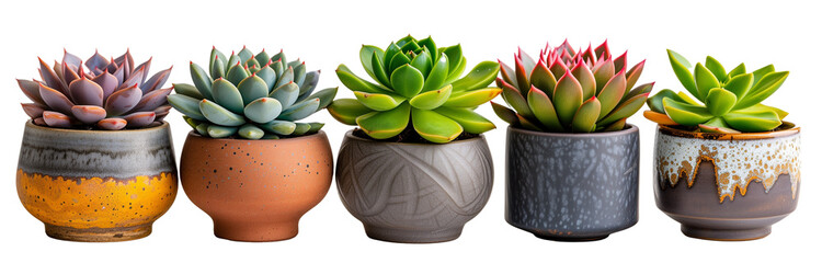 collection of succulents in various pots, isolated on a transparent background