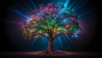 Holographic tree background, multicolor, blu reys from it