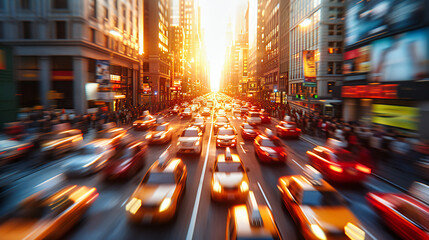 Bustling City Street at Sunset, Urban Traffic and Skyscrapers, Manhattans Dynamic Cityscape, New...