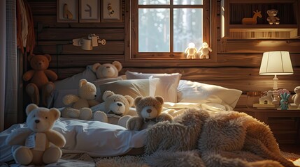 a wooden cabin room filled with teddy bear dolls under warm, soft lighting.