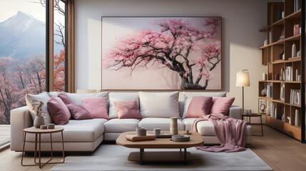 A serene living room adorned with a soft pink sofa, seamlessly blending Japanese and Scandinavian design.