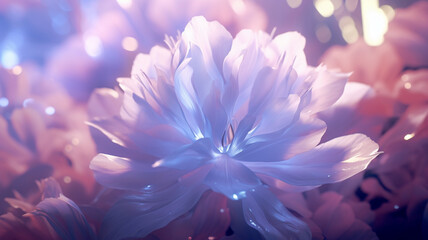Obraz na płótnie Canvas close up of a blue peony flower bouquet in neon light generativa IA