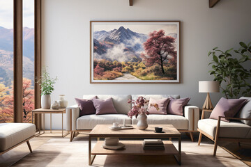 Transport yourself to a serene oasis within your living room, where a simple frame showcases a captivating nature painting, offering a visual escape.