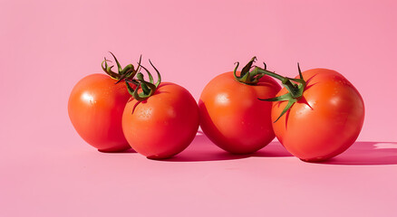 two sets of fresh tomatoes on pink background with  i