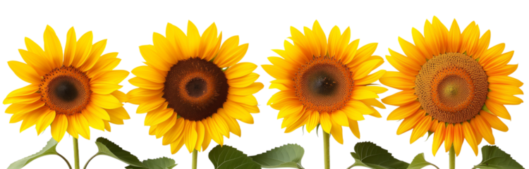 4 set of sunflowers flowers, isolated on a transparent background