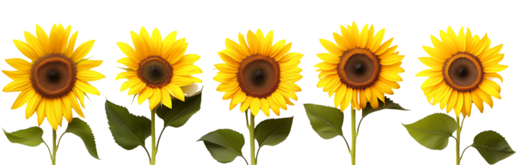4 set of sunflowers flowers, isolated on a transparent background