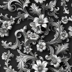 A luxurious wallpaper design in black and white, showcasing delicate flowers with a touch of gold accents, created using high-quality materials for a rich. SEAMLESS PATTERN.