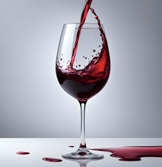 National wine day. Alcohol drink. Pouring wine. Glass of red wine standing on table, some spilled wine around