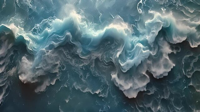 Rough sea waves ariel view 4k video. Ocean view seascape landscape top view. Stormy waves in slomotion. Ocean nature background effect