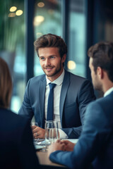 A manager man at a meeting is talking to business colleagues