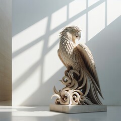 Elegant Wooden Parrot Sculpture in Bright Interior with Shadows