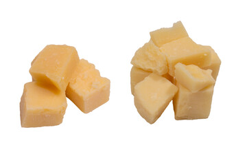 Cheese cubes isolated on a white background.