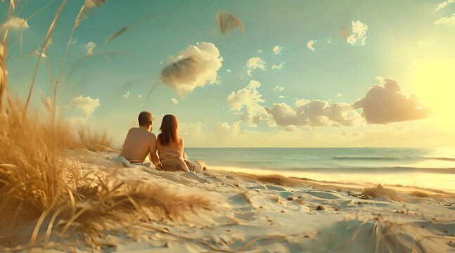 Intimate Sunset Getaway: Couple by the Ocean on a Quiet Beach at Dusk - Generative AI