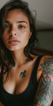 belle jeune femme en d&eacute;bardeur bras nu recouvert de tatouages