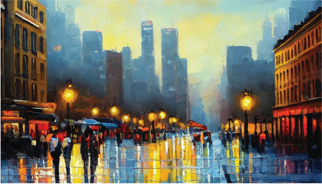 Oil paintings city landscape.  Beautiful city skyline view oil painting. Skyline city view. city landscape painting, background of paint. City landscape with beautiful buildings, roads, and lights.