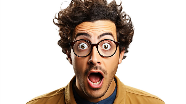 Portrait of a surprised caucasian man with glasses on a white or transparent background