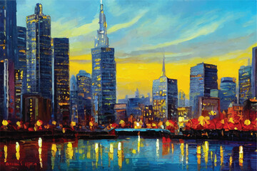 Oil paintings city landscape.  Beautiful city skyline view oil painting. Skyline city view. city landscape painting, background of paint. City landscape with beautiful buildings, roads, and lights. - obrazy, fototapety, plakaty