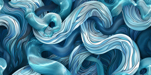 Seamless pattern. Illustration of wavy creatures in blue and white, , interlaced figures, modern themes, repetitive snake pattern.