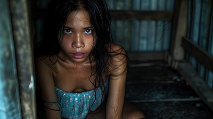 A frightened young asian woman in a closed room, with her legs tied. The concept of domestic slavery as part of human trafficking