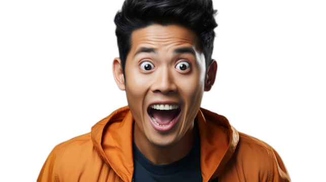 Portrait of a surprised asiatic man on a white or transparent background