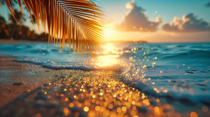 Zelfklevend Fotobehang Beach Sunset Scene, Summer Ocean Landscape, Serene Nature Background with Sand and Water, Vacation Concept © Jahid