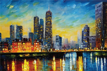 Oil paintings city landscape.  Beautiful city skyline view oil painting. Skyline city view. city landscape painting, background of paint. City landscape with beautiful buildings, roads, and lights. - obrazy, fototapety, plakaty