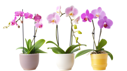 set of flowering orchids in various pots, isolated on a transparent background