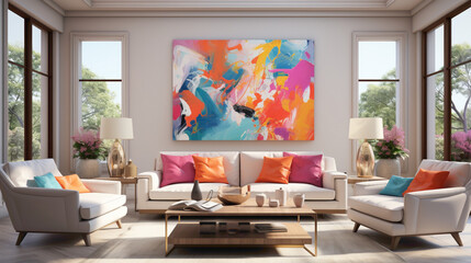 Experience the vibrancy of a modern living room featuring a palette of bright colors and an empty white frame, allowing for customizable artwork or memories.