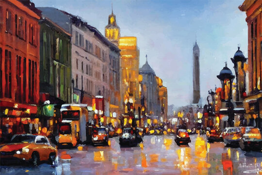 Oil paintings city landscape. Beautiful city skyline view oil painting. Skyline city view. city landscape painting, background of paint. City landscape with beautiful buildings, roads, and lights. © Usama