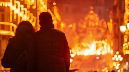 Fototapeta premium view from behind, a couple view the monument burning up of 