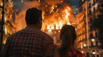 Fototapeta premium view from behind, a couple view the monument burning up of 