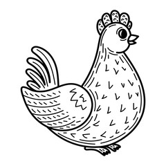 Coloring book chicken sketch. Cute bird. Farm animal. Hand drawn vector illustration.