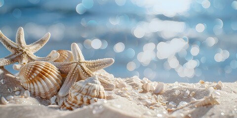 Obraz na płótnie Canvas Oceanic-themed decor: Starfish, Seashells, and Sandy Beach with a Hazy Blue Sea in the Background. Concept Underwater adventure, Tropical paradise, Ocean-inspired elegance, Beachy vibes, Coastal chic