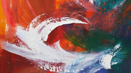 Crimson and white strokes spiral in this abstract painting, exuding a fiery energy against a dark backdrop. It a passionate dance of color and form