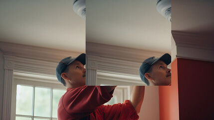 A technician installing a new smoke detector for improved safety in a home. - obrazy, fototapety, plakaty