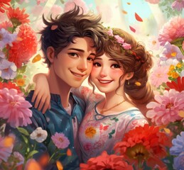 Fototapeta premium Boy and a Girl in a Field of Flowers