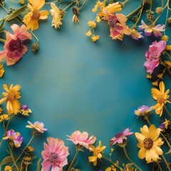 A soft, pastel-colored floral frame encircles a tranquil aqua background. The gentle hues and delicate arrangement invite a calm and sophisticated atmosphere