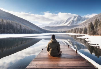 Deurstickers person sitting on a bench  with a landscape view of mountains © eman
