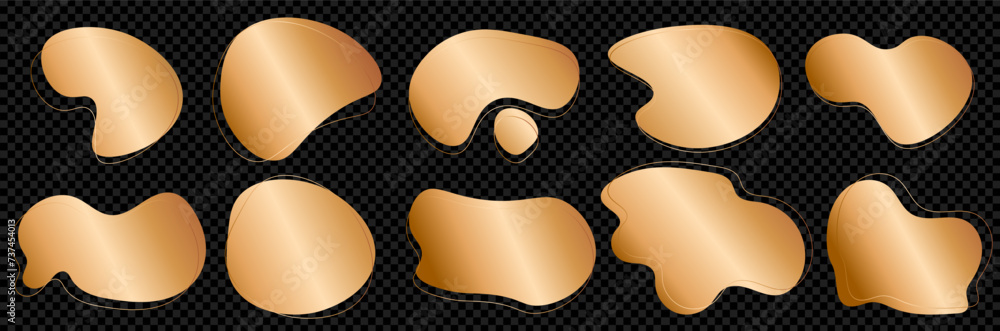 Poster gold organic splash shapes set with thin line, on transparent background. abstract paint elements as
