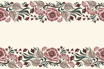 Vintage Rose Floral background border  pattern seamless vintage embroidery red flower motifs. Ethnic Ikat pattern Europe baroque design. Bohemian orange colour vector illustration design . - obrazy, fototapety, plakaty