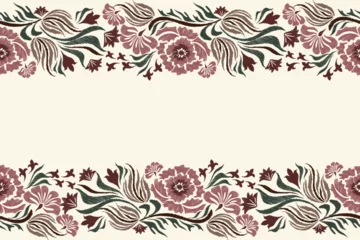 Fotobehang Vintage Rose Floral background border  pattern seamless vintage embroidery red flower motifs. Ethnic Ikat pattern Europe baroque design. Bohemian orange colour vector illustration design . © Wita Pixs