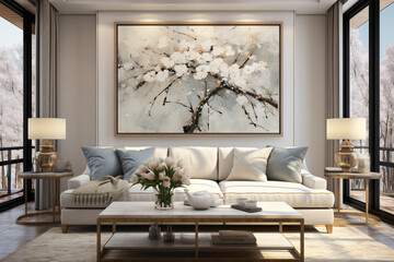 Immerse yourself in the artistry of nature within your living room, where a simple frame gracefully displays a beautiful painting, inviting serenity into your home.
