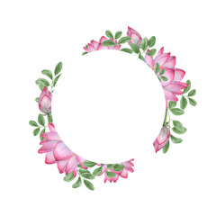 Fototapeta premium Pink white lotus, Butterfly pea leaves. Round frame with Water Lily, wisteria leaves. Indian lotus, sacred lotus. Watercolor illustration for greetings, invitations. Copy space for text.