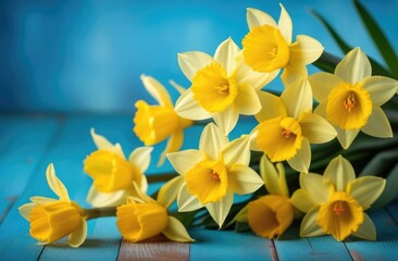 Obraz na płótnie Canvas mothers Day, international Womens Day, St. Davids Day, bouquet of yellow daffodils, spring flowers, blue background