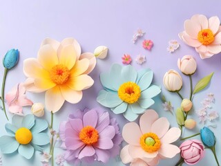 Fototapeta na wymiar A vibrant array of spring flowers on a soothing pastel background, illustrating the concept of spring time