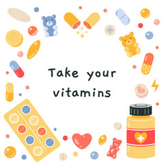 Take your vitamins. Set of various medicines and supplements to support organism. Tablets, blister and capsules. Health, beauty and wellness concept. Isolated cartoon vector illustration, flat